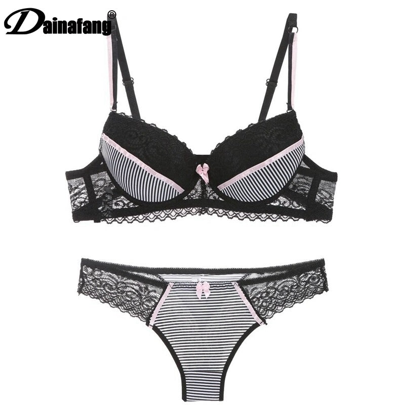 Elegant Lace & Stripe Bra Set